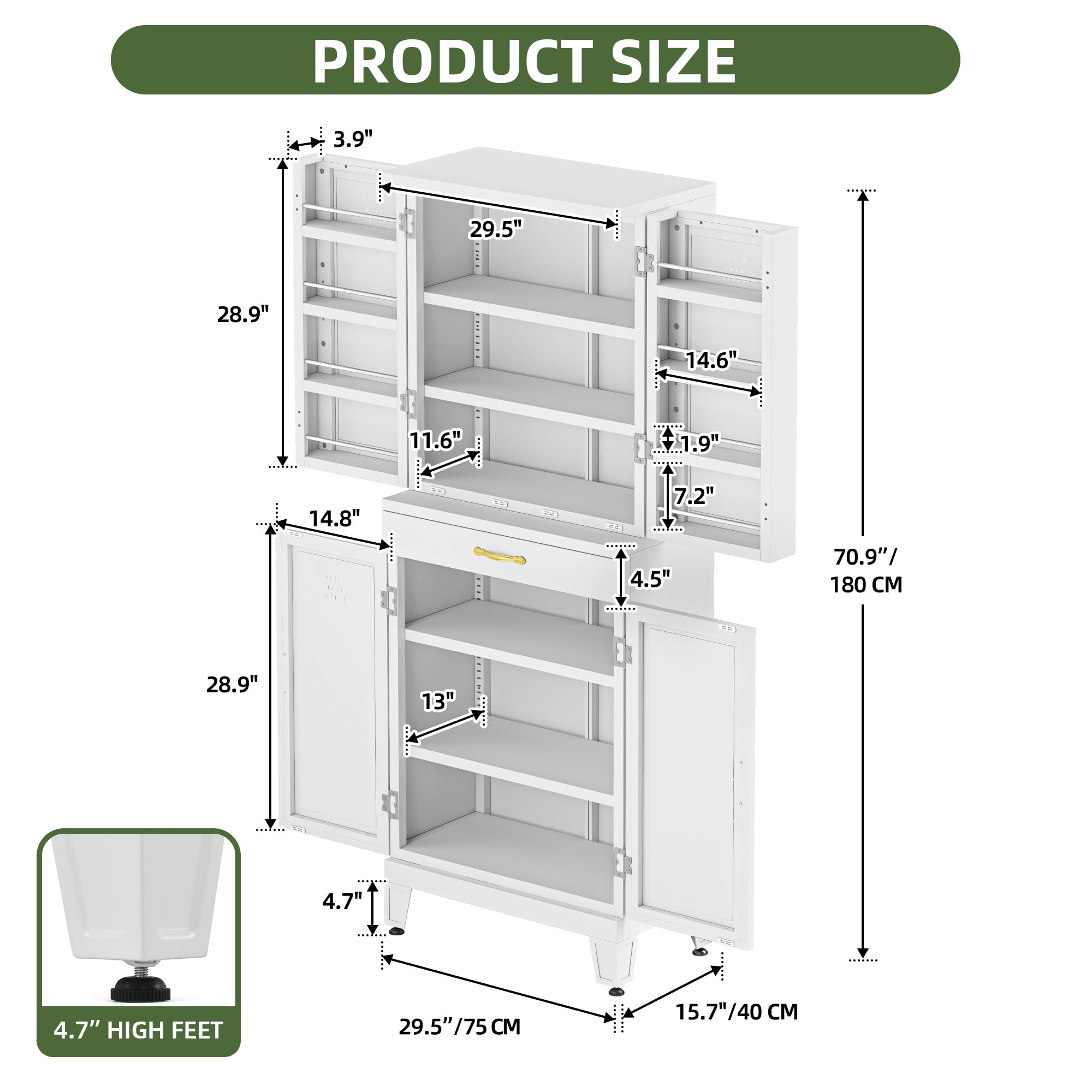 Uforic Pantry Storage Cabinet with Adjustable Shelves, Metal Kitchen Cabinet with Drawer, White