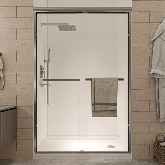 46 to 48 in. W x 72 in. H Framed Pivot Shower Door in Brushed Nickel with Clear Glass