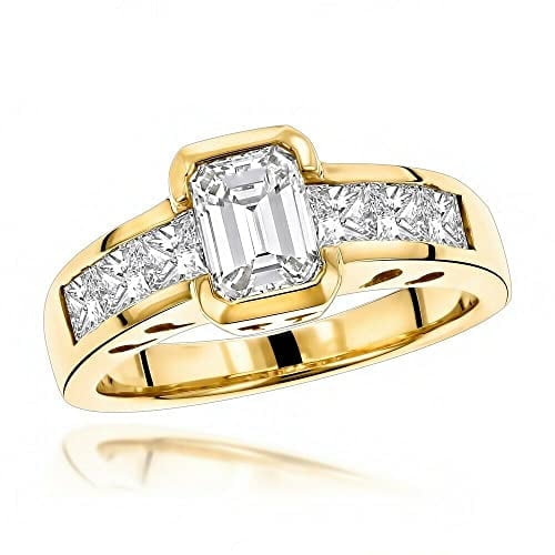 HeartsAndYou 2ct Emerald Cut Moissanite Bezel Set Solitaire Engagement Ring for Women 18k Yellow Gold over Silver Stylish