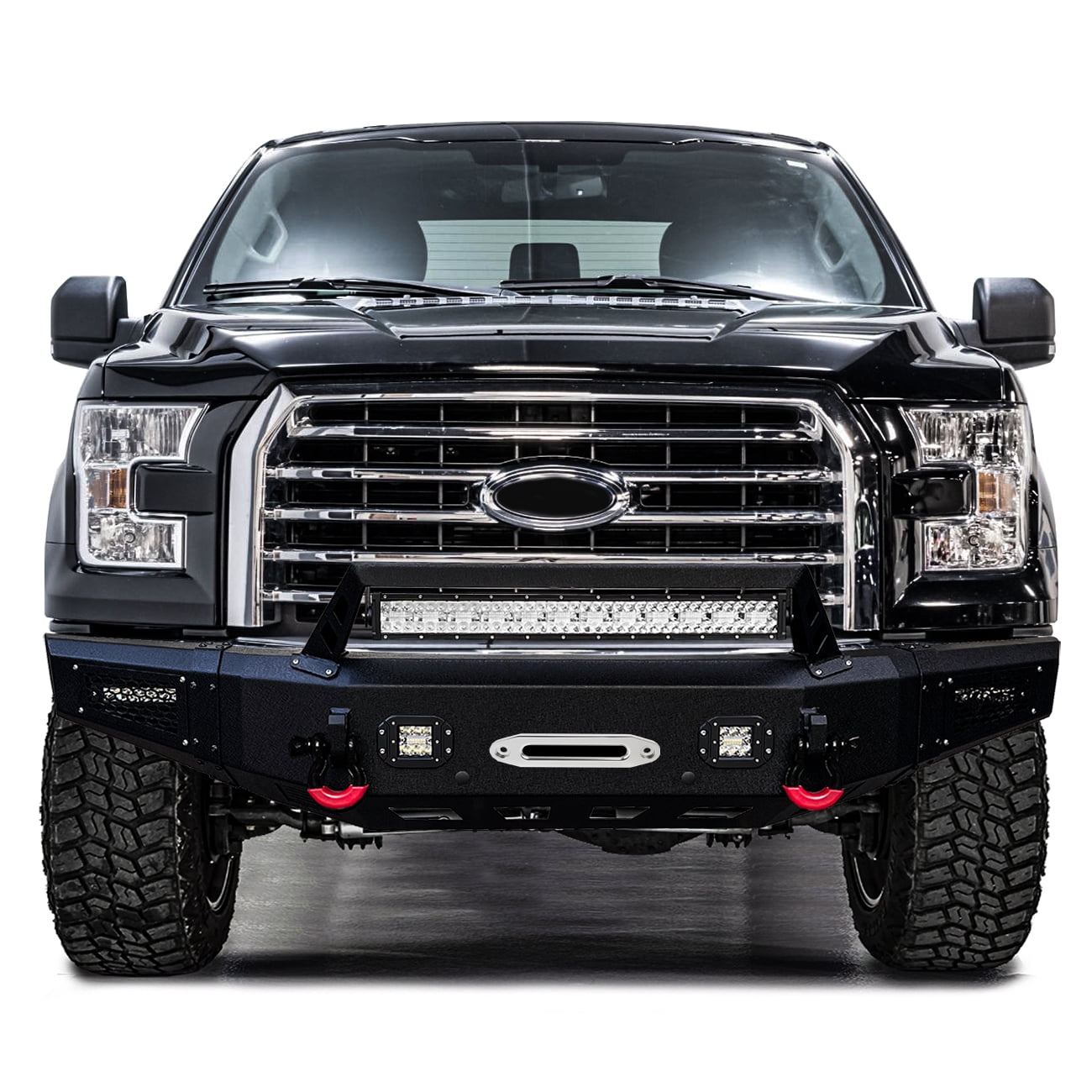 Vijay Compatible with 2015-2016-2017 Ford F150 Front Bumper Textured Black Steel with Lights and D-rings