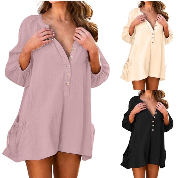 Daiosportswear 3/4 Sleeve Women'S Solid Oversized V Neck Cotton Linen Pocket Buttons Loose Jumpsuit Shorts,Shorts for Women