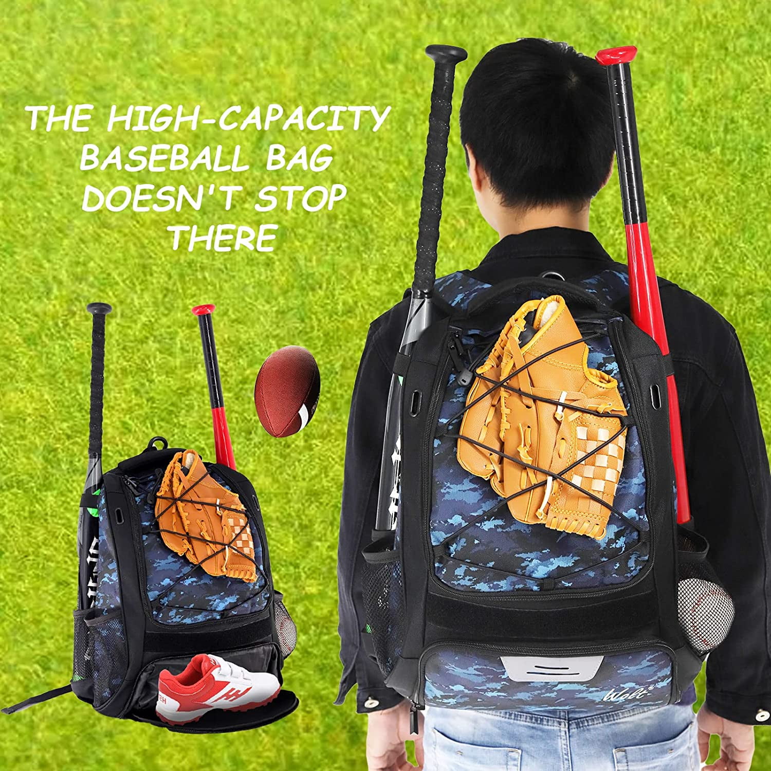 WOLT | Youth Baseball Bag Backpack--Youth Boys Equipment Oxford Fabric - New Camoblue