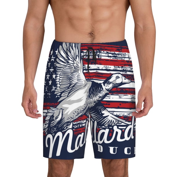 Fotbe Mallard Duck With American Flag Pantalones Cortos de Pijama para Hombre, Ropa de Dormir, Pantalones de Pijama Cortos para Hombre-Small