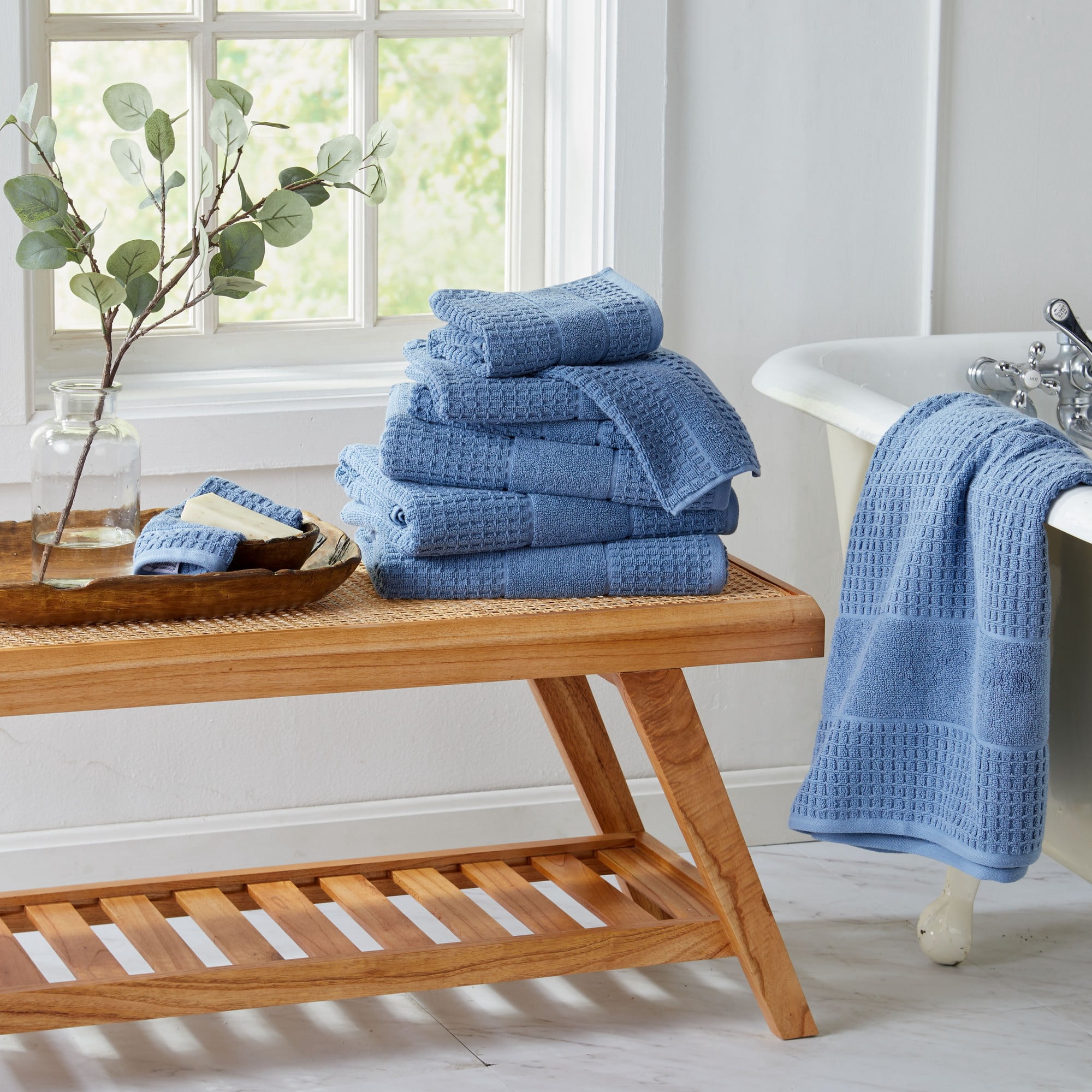 Market & Place 100% Cotton Waffle Weave 4-Piece Bath Towel Set, Denim Blue