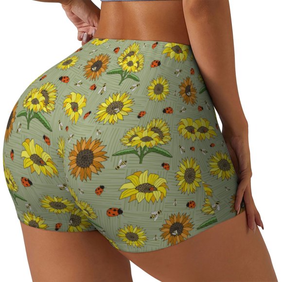 Saiise Sage Green With Sunflowers Print Workout Shorts for Women Seamless Soft Smooth Gym Yoga Scrunch Active Shorts-X-Large