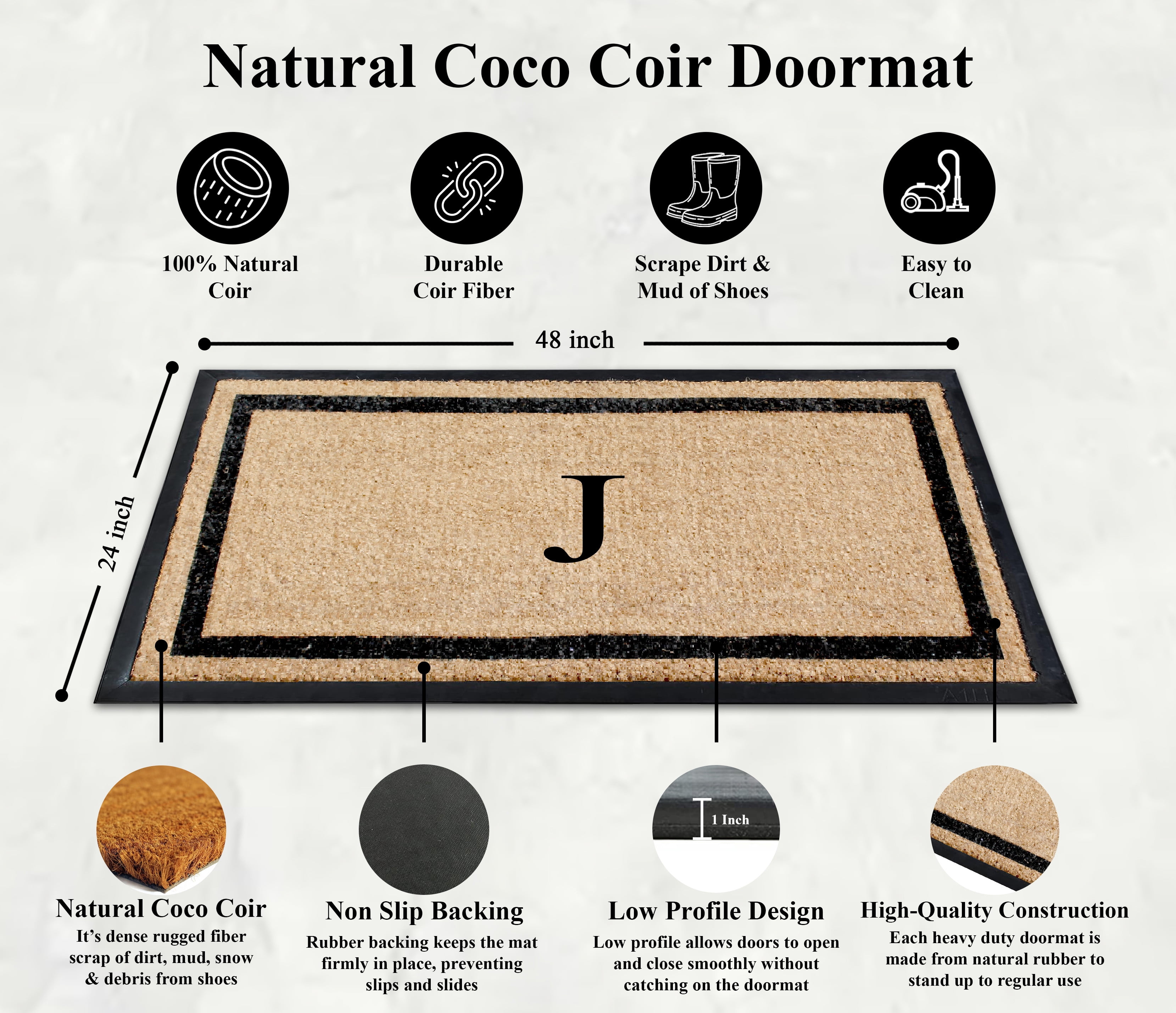 A1HC Rubber and Coir Door Mat Heavy Weight Large Entry Mat Outdoor Durable Monogrammed J Doormat 24"X48", Beige