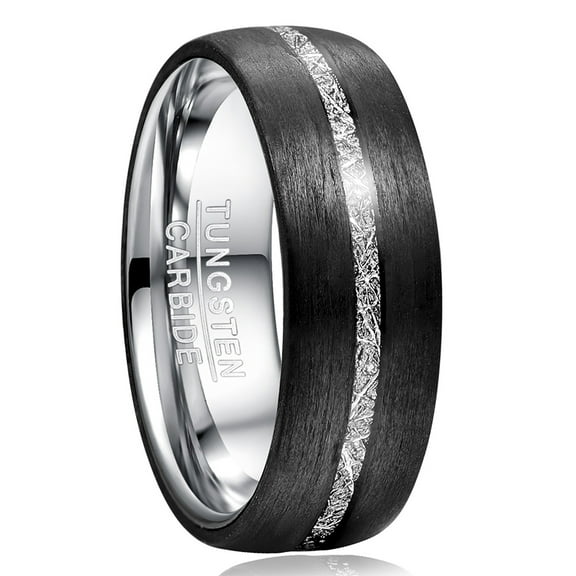 8mm Men's Black Carbon Fiber Tungsten Rings Silver Imitated Meteorite Inlay Wedding Band Size 7-12