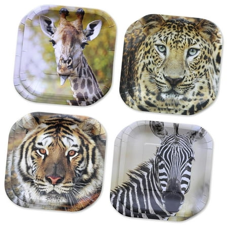 FREEAMG Jungle Themed Paper Party Plates (16 pieces)! 16-7in. Square, Dessert Plates featuring Realistic, Lifelike Jungle Animal Faces! Includes 4 each of Leopards, Tigers, Giraffes, and Zebras