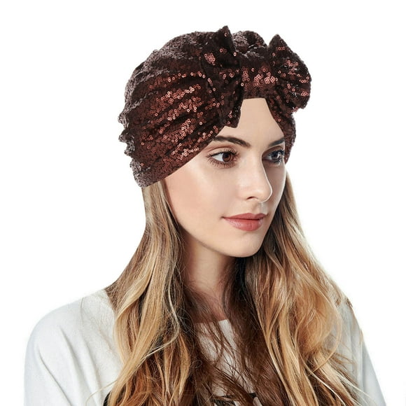 Alitao Beanie Running Hat Women Muslim Turban Hatbow Sequins Hair Bonnet Head Scarf Wrap Cover Winter Hats Coffee One Size
