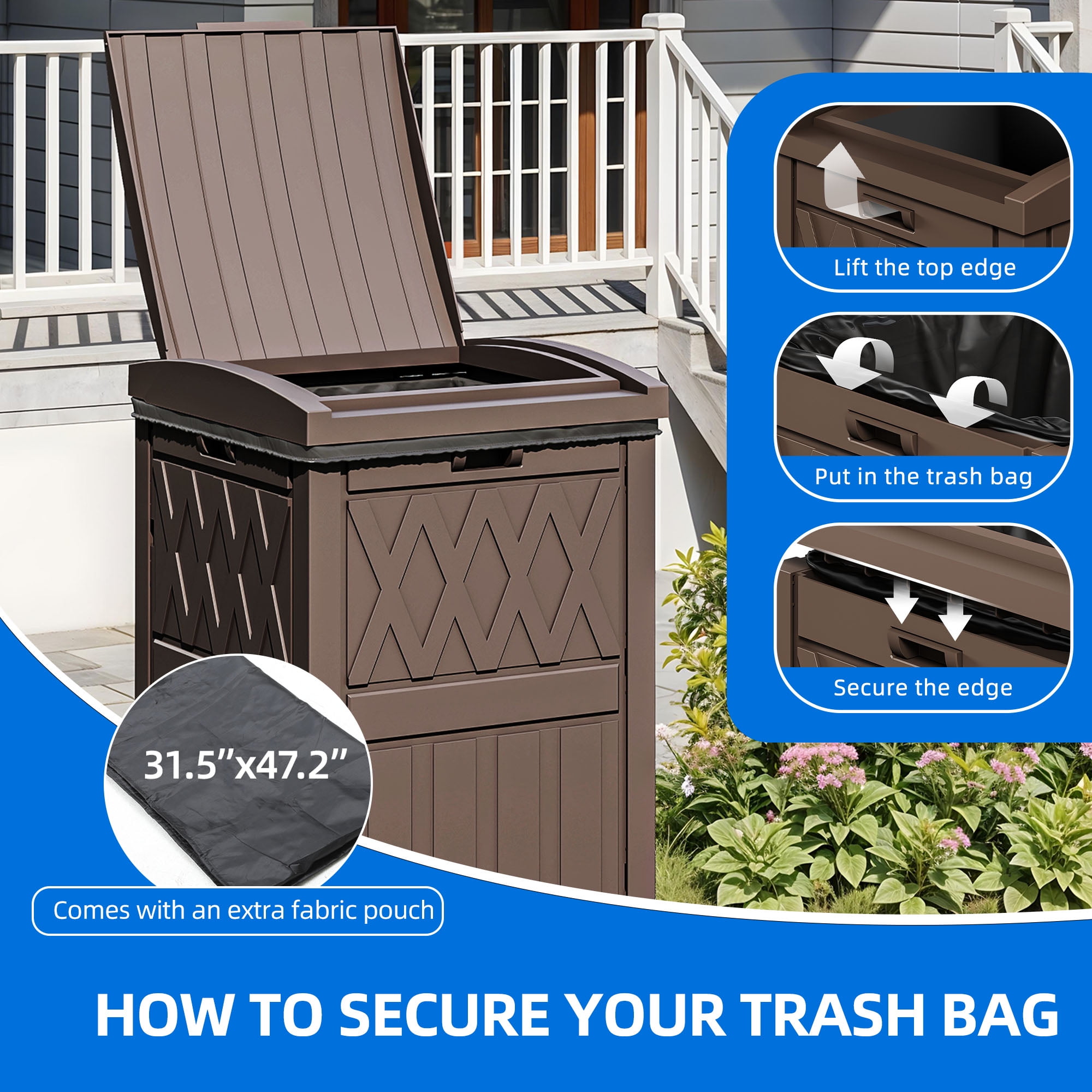 Dextrus 36 Gallon Outdoor Trash Can, Waterproof Resin Garbage Bin with Drip Tray & Lid, Trash Bin,for Porch, Backyard, Dark Brown