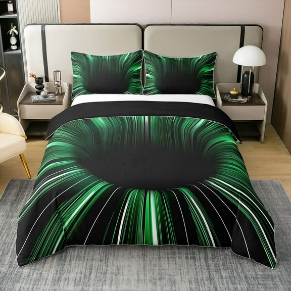 100% Cotton Stripes Duvet Cover King Size, Gradient Striped Comforter Cover, Geometrical Stripes 3D Swirl Modern Bedroom Decor Bedding Set, Abstract Line Black Green Quilt Cover (No Comforter)