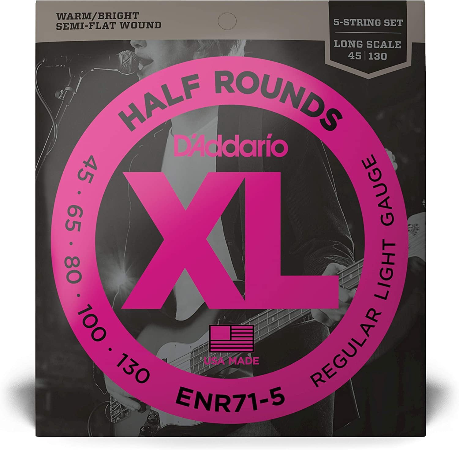 D'Addario ENR71-5 Half Round 5-String Bass Guitar Strings, Regular Light, 45-130, Long Scale