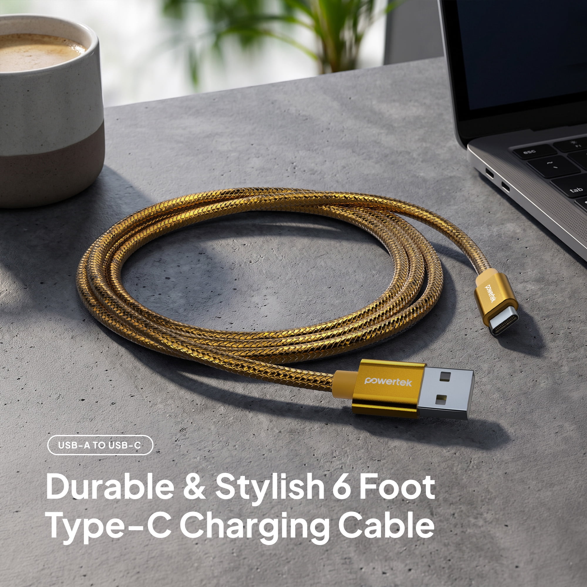 Powertek Luxe 6ft USB-A to USB-C Cable, Gold, Fast Charge & Sync, Metallic Mesh PVC Jacket, Durable Tangle-Free Design