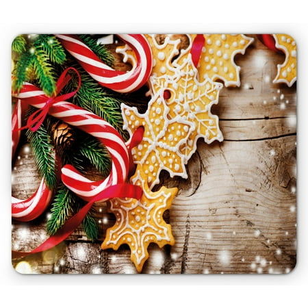 Christmas Mouse Pad, Cookies and Candy Canes on Wooden Tree Board Winter Table Spread Season Elements, Rectangle Non-Slip Rubber Mousepad, Multicolor, by