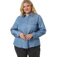 thumbnail image 3 of Women's Plus Size Long Sleeve Chest Pocket Chambray Shirt Blue White 1X, 3 of 6