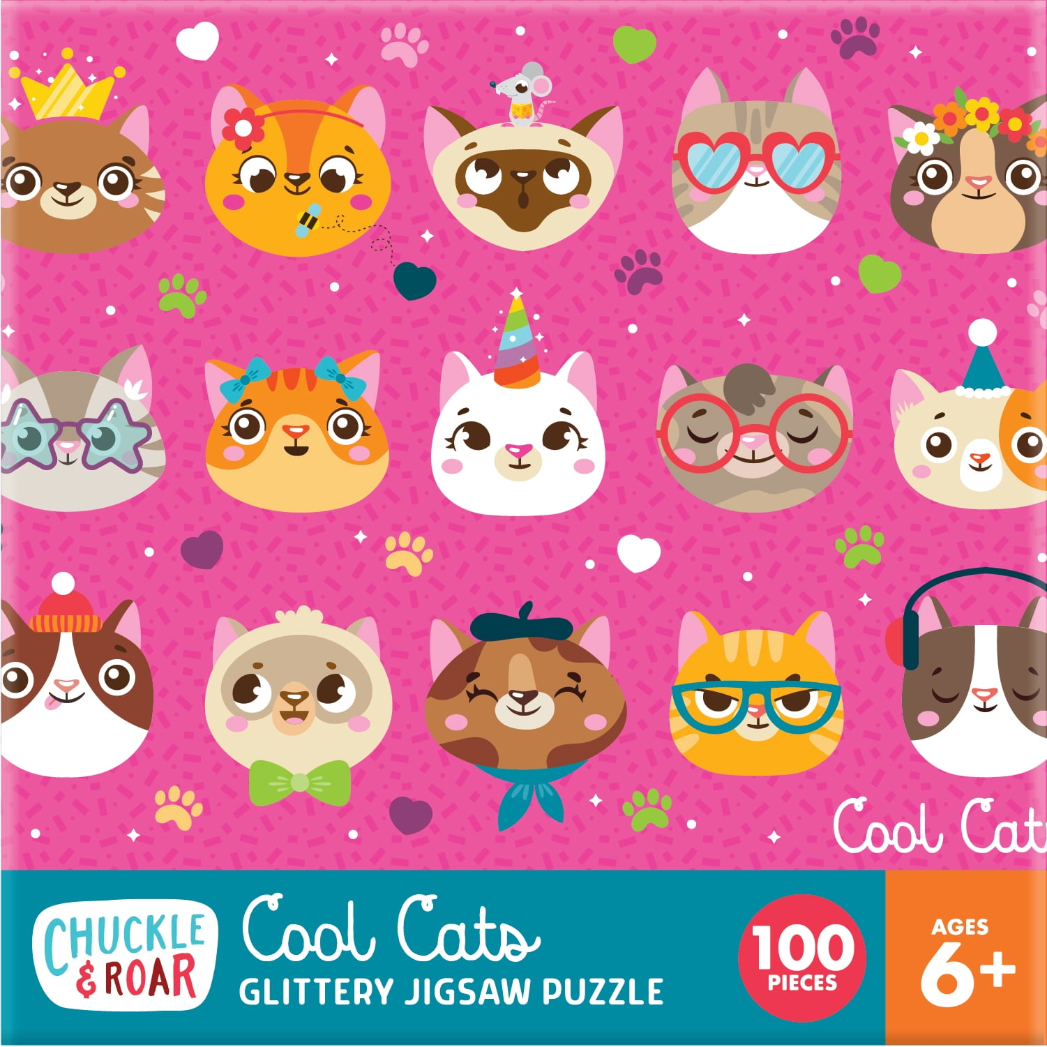 Chuckle & Roar 100-Piece Cool Cats Glittery Interlocking Jigsaw Puzzle for Children Ages 6+