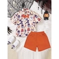 thumbnail image 5 of Michellecmm Toddler Boys Halloween Outfits Bowtie Ghost Pumpkin Print Turn-Down Collar Short Sleeve Shirts Tops Shorts 2Pcs Clothes Set, 5 of 9