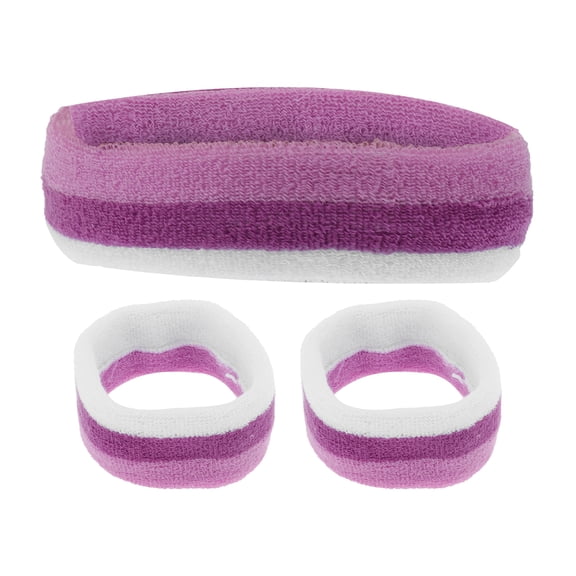 Unique Bargains 3Pcs Comfortable Headband With Wristband Sweat Headband White Purple