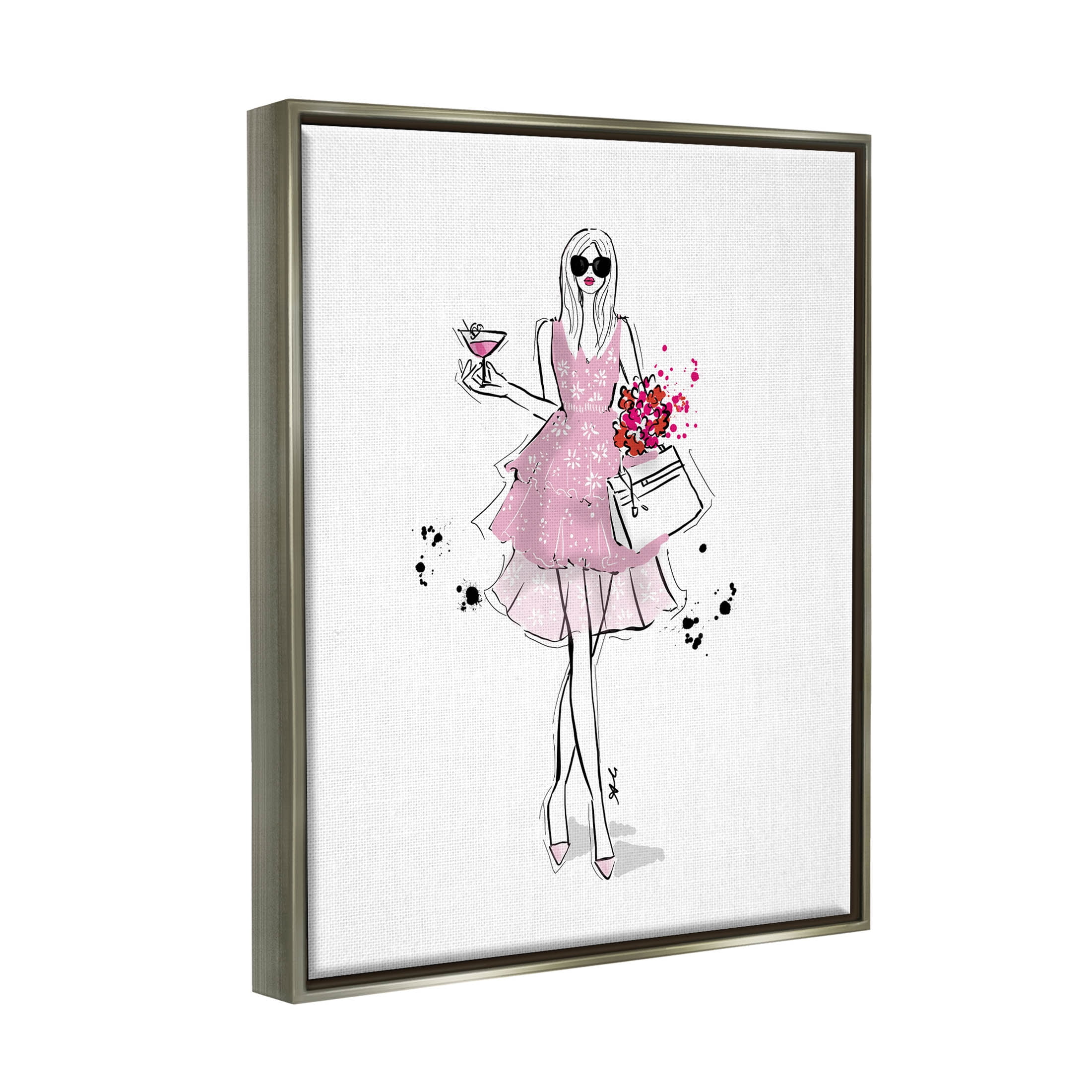 Stupell Industries Glam Fashion Party Girl Graphic Art Luster Gray Floating Framed Canvas Print Wall Art, Design by Alison Petrie