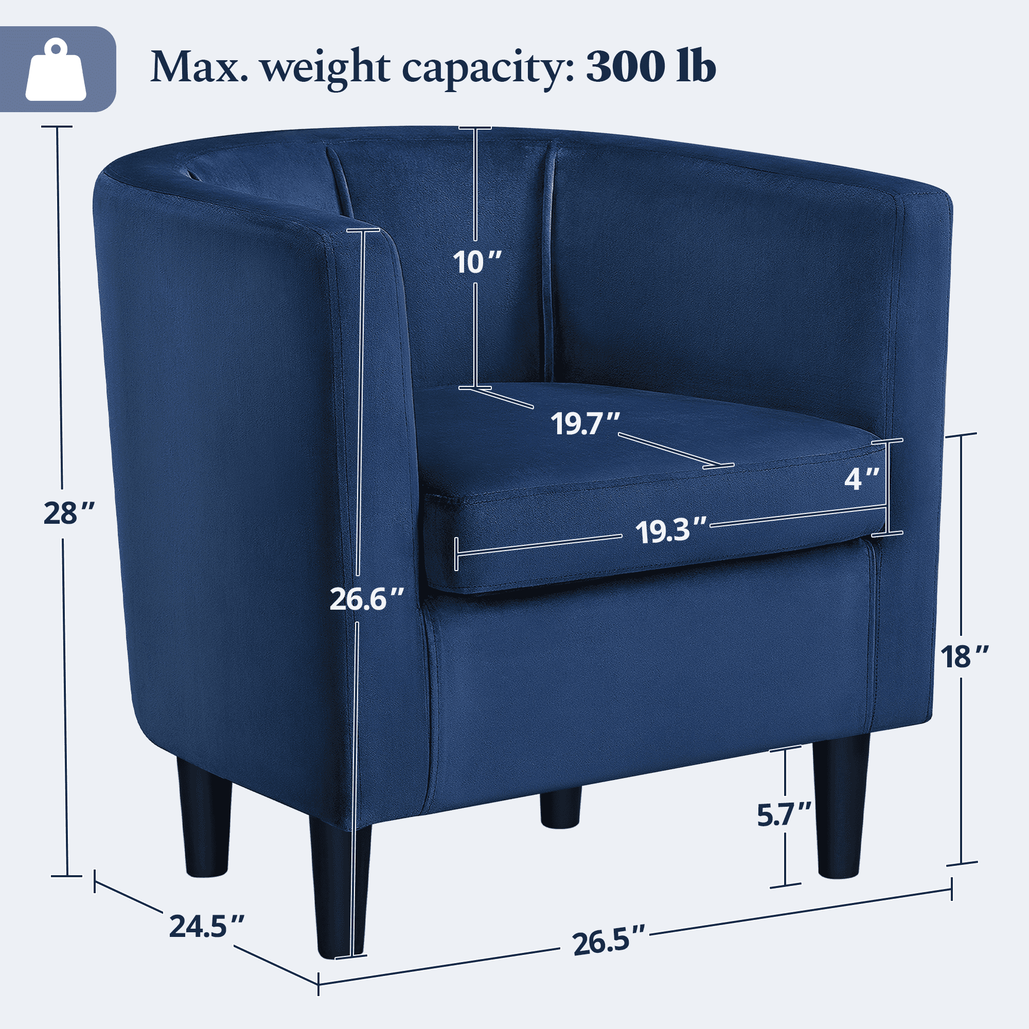 Renwick Upholstered Barrel Shaped Accent Chair with Curved Backrest for Livingroom, Blue Velvet