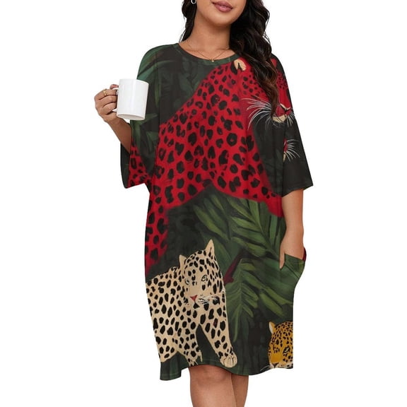 Jungle Cats Vibrant Foliage Art Sleepshirts For Sleeping Travels Loose Sleepdress Pajama Dress Soft Nightdress Sleepwear