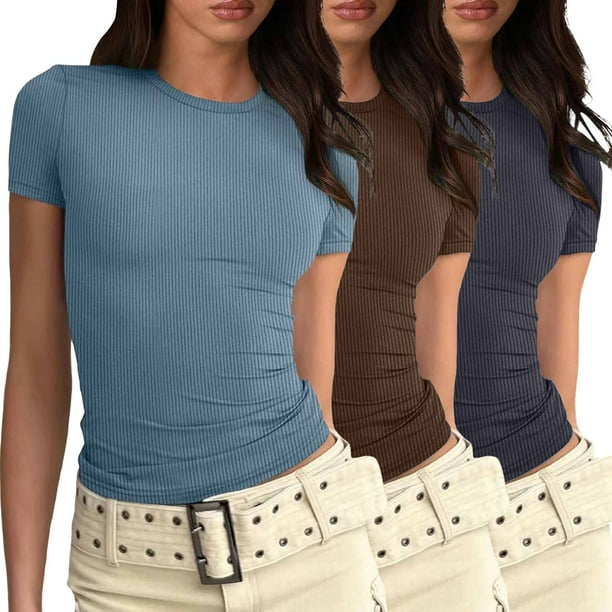 Camiseta básica de manga corta ajustada para mujer: camiseta de poliéster ajustada, top informal de verano, tallas S-XXL, estampado floral, apta para múltiples ocasiones