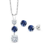 Gem Stone King 925 Sterling Silver White Moissanite from Charles & Colvard and Blue Created Sapphire Pendant and Earrings Jewelry Set For Women (2.83 Cttw, Gemstone Birthstone, with 18 inch Chain)