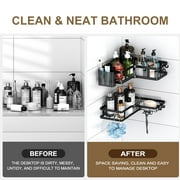 PHANCIR 5 PCS Corner Shower Caddy, No Drilling Stainless Steel Shower Storage Rack with Hooks & Toothpaste Holder for Bathroom, Black