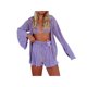 thumbnail image 1 of VISgogo Conjunto de ropa informal para mujer Sujetador de camisa de manga larga con textura fruncida de color sólido con pantalones cortos de cintura elástica VISgogo moda, 1 of 8
