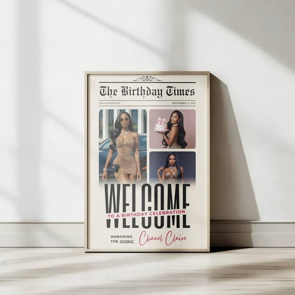 MSFCON Newspaper Birthday Party Welcome Sign- Girls Night Board , Custom Bday Decor Poster, Modern Sign Backdrop