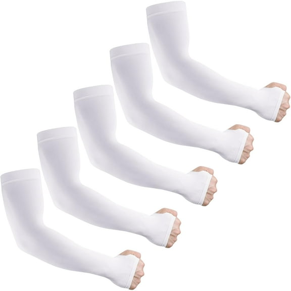 Sun Protection Cooling Arm Sleeves for Men &Women,Compression Sleeves for Football, Golf & Volleyball 5 Pairs With Thumb Hole - White