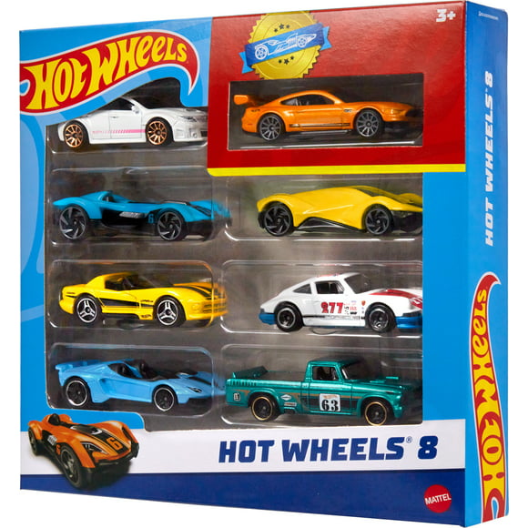 Hot Wheels Set Of 8 Basic Toy Cars & Trucks In 1:64 Scale Including 1 Exclusive Car, Styles May Vary