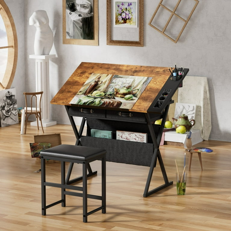 VECELO Drafting Table with Stool Set, Top Adjustable Desk Tilting