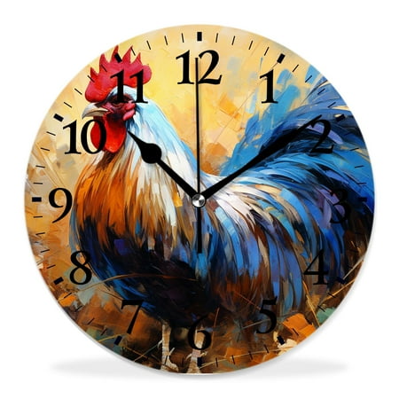 12 Inch Wall Clock Battery Operated Silent Clock Decorative for Office, Kitchen, Outdoor, Living Room,Colorful Rooster Oil Painting on Modern Impressionism Adorable