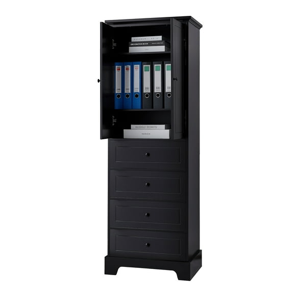 Knubmt Floor Bathroom Cabinet with 4 Drawers and Shelf, 2 Doors Wood Storage Cabinet for Bathroom, Living Room, Black