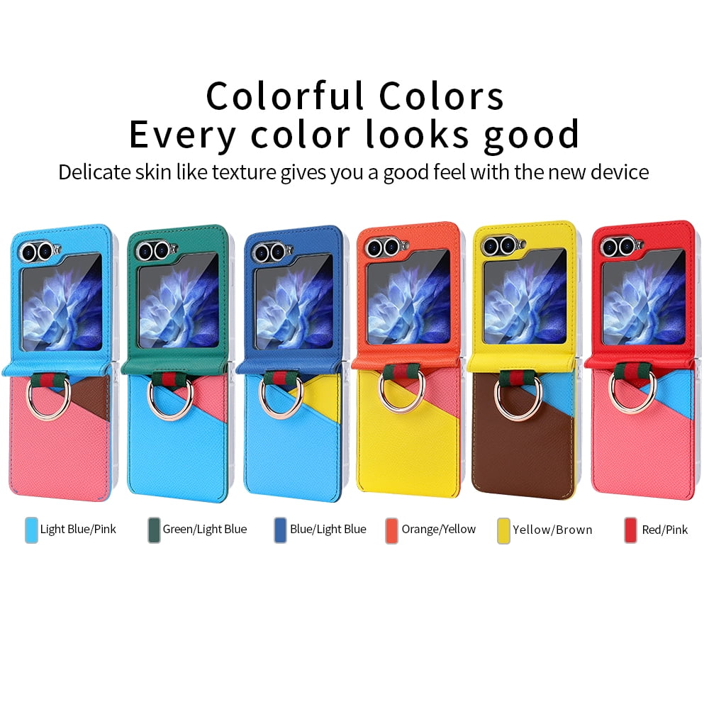 Fashion contrast color leather phone case for Samsung Galaxy Z flip 6 5 4 3 flip6 flip5 ring holder card slot folding cover