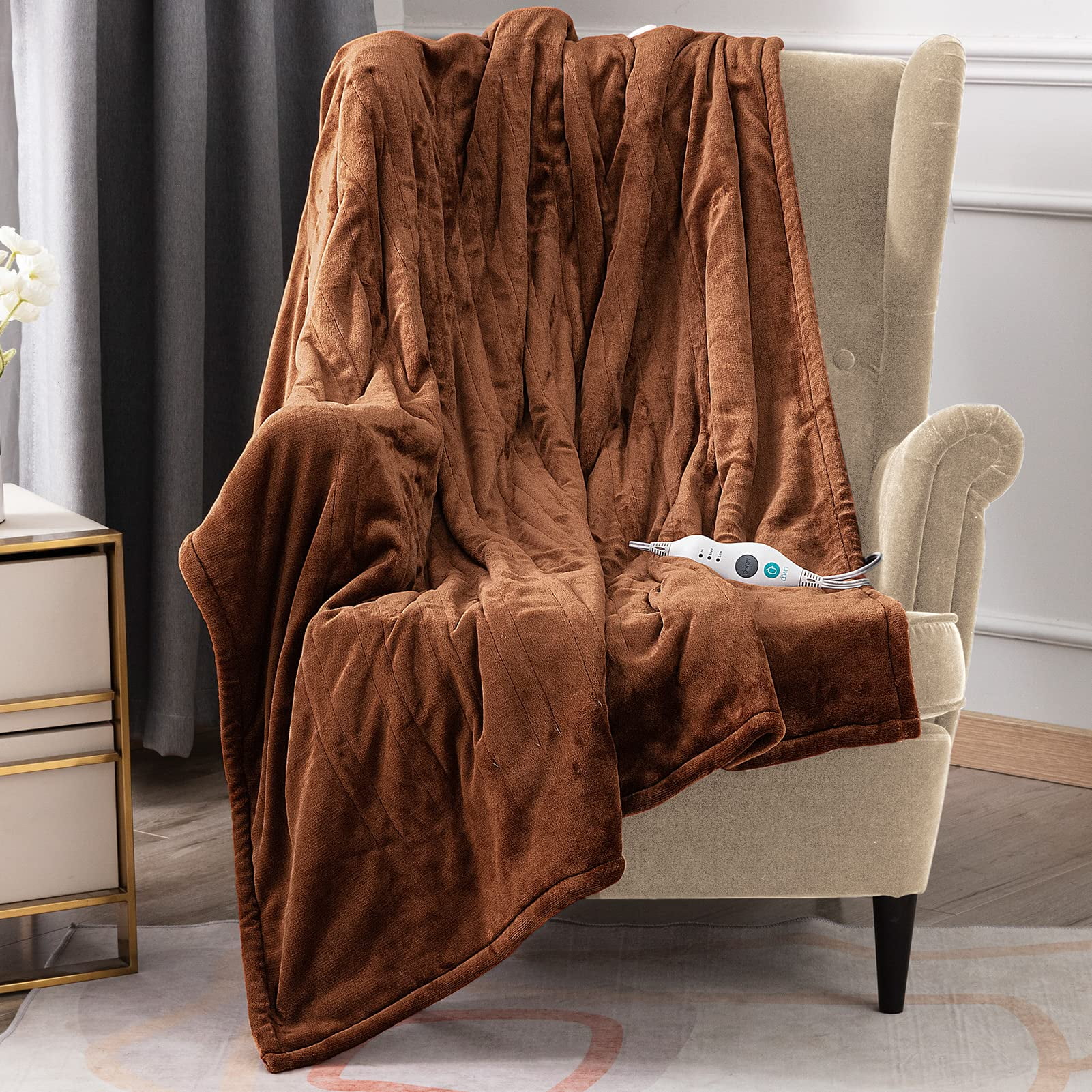 DoWin Heated Blanket Electric Throw - Soft Plush Fleece Flannel Heating  Warming Blankets with Auto Shut Off for Couch Office Chair Lap Bed Adults  Fuzzy Cozy Machine Washable 50x60 Throws Size Brown -