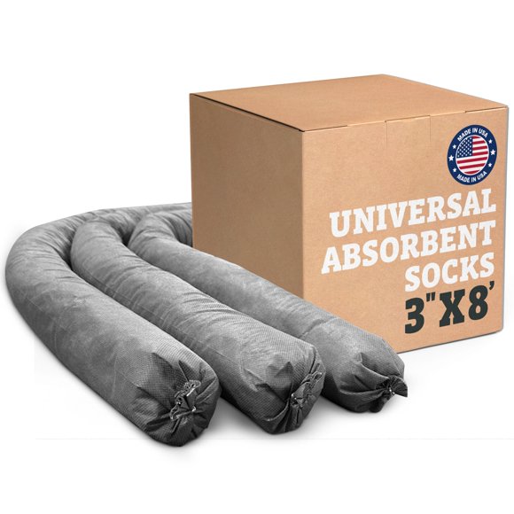 Intermountain Absorbents Universal Absorbent Socks - Water Absorbent Socks for Spills, Oil Absorbent Socks, Absorbs 2 Gallon per Sock, Hydrocarbons & Oil Spill Socks, 3"x8' (3 Pack)