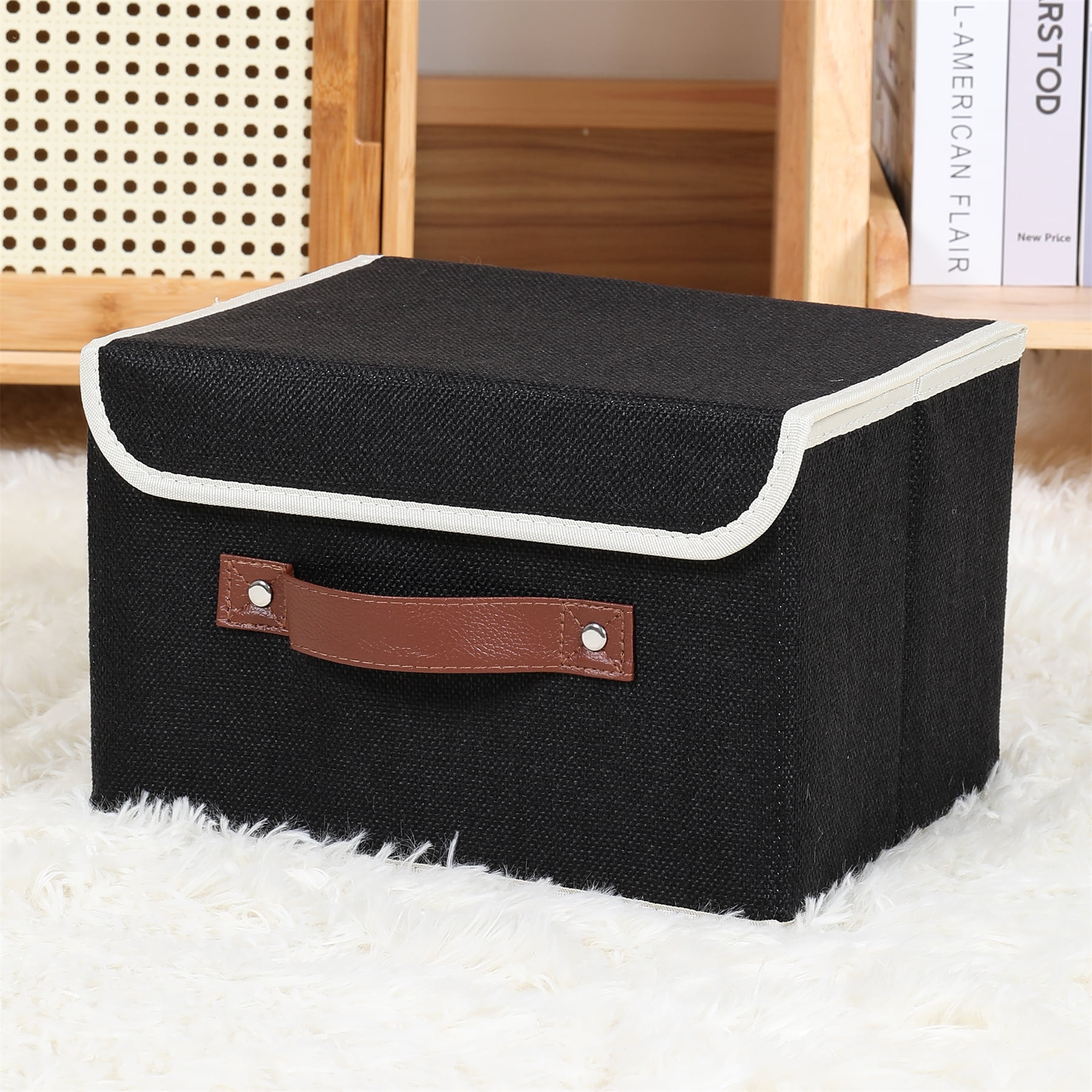 ANMINY Foldable Fabric Storage Bin With Handle Lid Large Collapsible Box Basket For Home Organizer, 6 Packs, Black