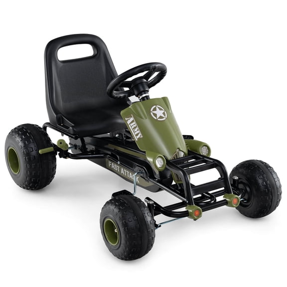 Costway 4-Wheel Pedal Go Kart with Safety Hand Brake, Steering Wheel and Adjustable Seat Army Green