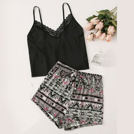 

MPWEGNP Women Fashion Print Sexy Pajama Shorts Pajama Two Piece Set