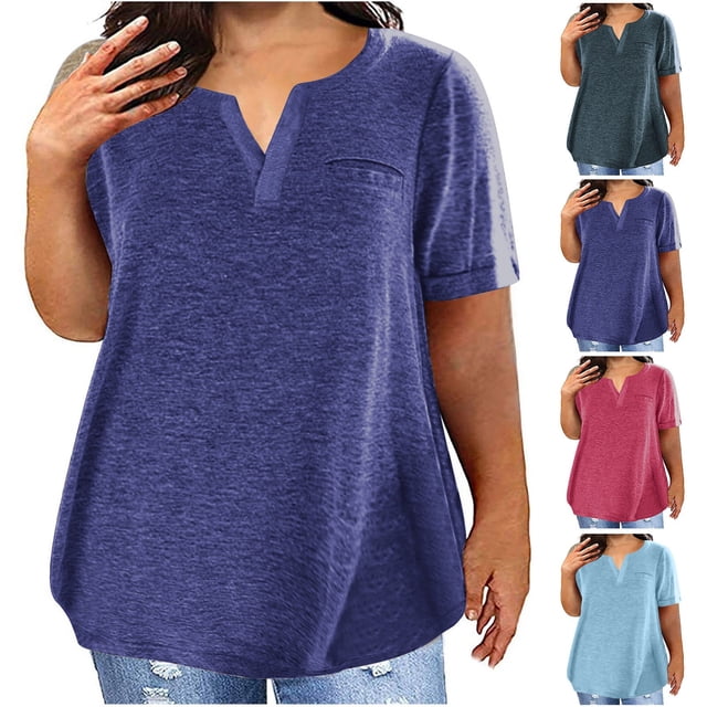 CFLVAEK Womens Plus Size Tops Loose Fit Short Sleeve Tshirts Casual Notch V Neck T Shirts Solid Color Basic Tees Summer Vacation Outside T Shirts Navy XXL