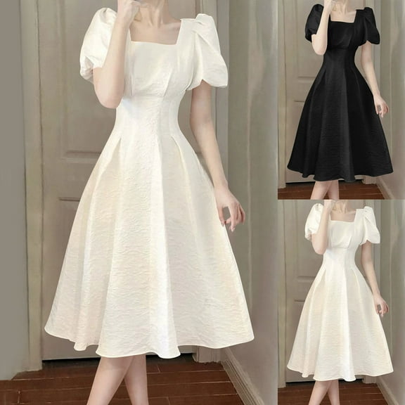 SMihono Trendy Women's Summer Dress Square Neck Waist Cinching Slimming Fit Short Sleeve Puff Sleeve Ruffle Midi Dress Black S