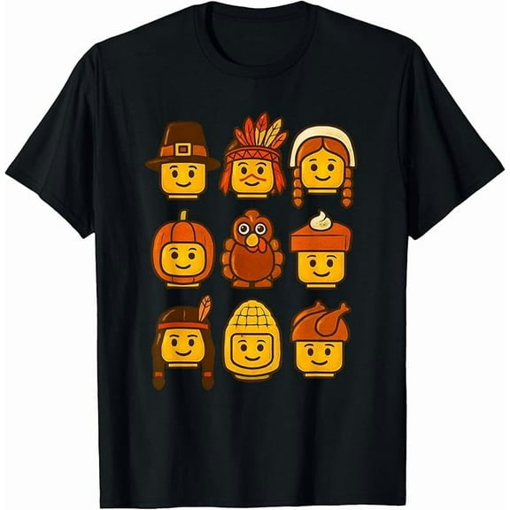 Thanksgiving Building Brick Head Turkey Pumpkin Funny Unisex T-Shirt for Holiday up to 5XL