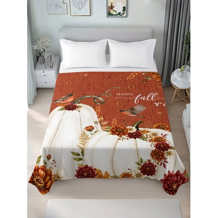 Twin XL Flat Sheet Only Thanksgiving Happy Fall White Pumpkin Soft Microfiber Cooling Bedding Sheets Flower Bird Orange Flax Flat Bed Sheet for Hotel Home Decor