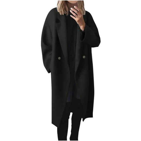 WRKEKC Women's Wool Blend Trench Coat Long Lapel Collar Double Breasted Windproof Style with Pockets Elegant Winter Outerwear for Women Black L