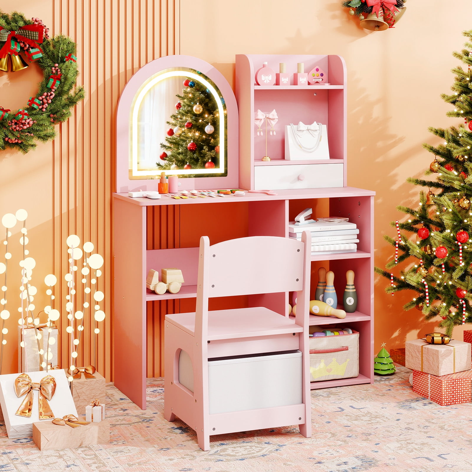 Gymax Kids Vanity Set Princess Girls Makeup Vanity Desk w/ 3-Color LED Lighted Mirror Pink