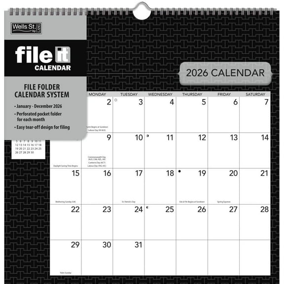 Wells Street by Lang, Office File It 2026 Wall Calendar, 12'' X 12.13'', 12-Month Calendar with Stapled Binding