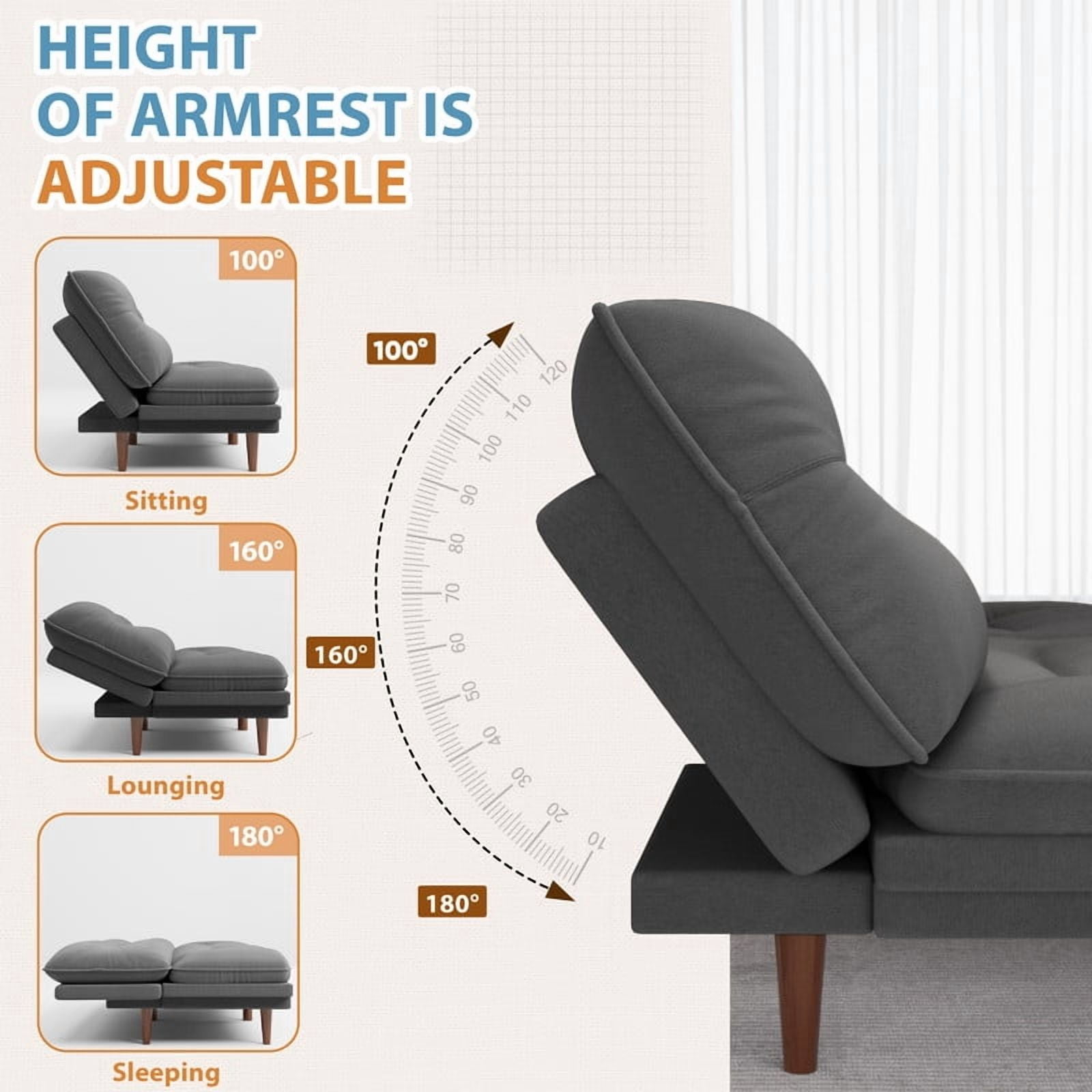 Homall Futon Sofa Bed with Adjustable Backrest & Five Angles Adjustable Armrests Sofa Couch for Small Spaces Living Room Office,Fabric Dark Gray