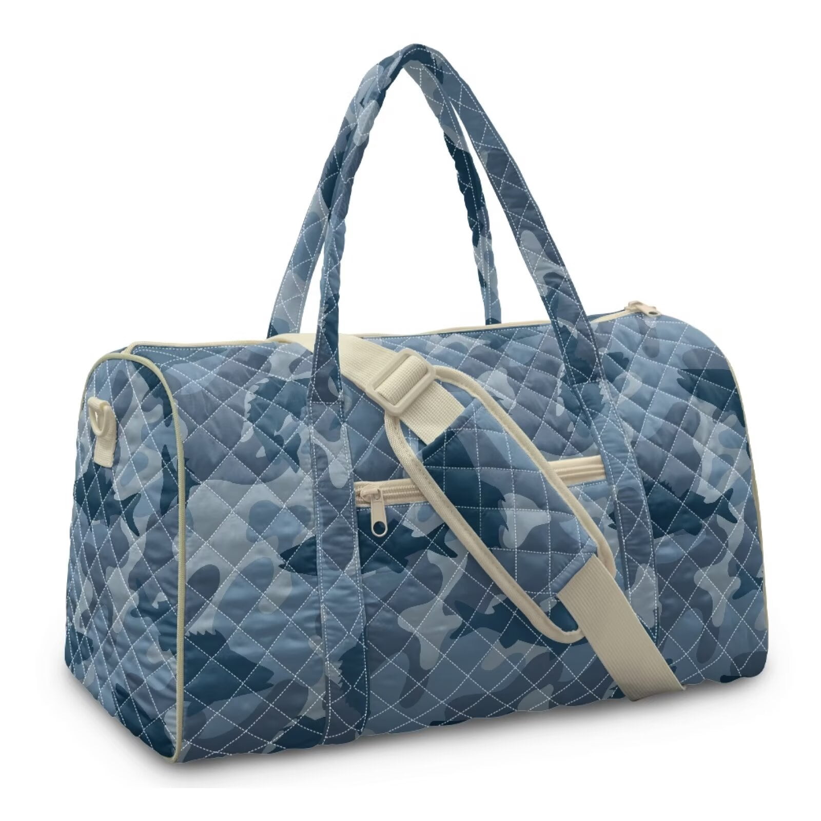 Garronmavis Large Blue Camo Quilted Duffle Bag for Women, Weekender Travel Carry On Bag with Zipper Pockets, Portable Gym Dance Overnight Tote Bag